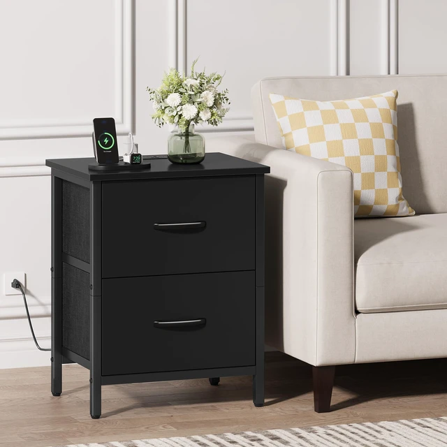 Alt view image 5 of 7 - Nightstand Set of 2 with Charging Station, End Table Bedside Table with Power Outlet & USB Ports, Side Table with 2 Fabric Drawers for Bedroom, Living Room, Black
