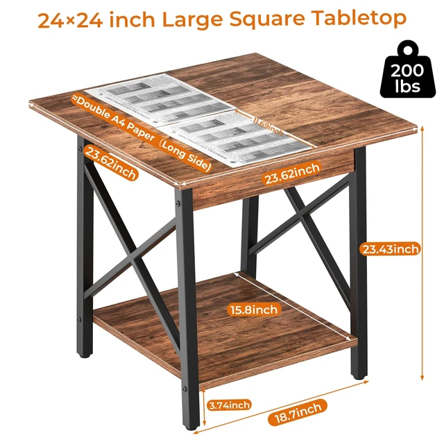 Alt view image 2 of 7 - 24 Inch Square End Table, X-Frame with Large 2-Tier Storage | Sturdy Frame Fits Living Room, Bedroom, Home Office, Holds Printer, Mini Fridge, Scratchproof Top, Easy Assembly, Walnut