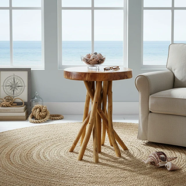 Alt view image 5 of 7 - Solid Teak End Table, Stick Leg Accent Table, 16" L x 16" W x 20" H | Solid teak tabletop and handcrafted stick legs create a unique accent table with natural beauty and lasting durability