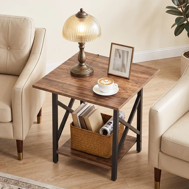 Alt view image 6 of 7 - 24 Inch Square End Table, X-Frame with Large 2-Tier Storage | Sturdy Frame Fits Living Room, Bedroom, Home Office, Holds Printer, Mini Fridge, Scratchproof Top, Easy Assembly, Walnut