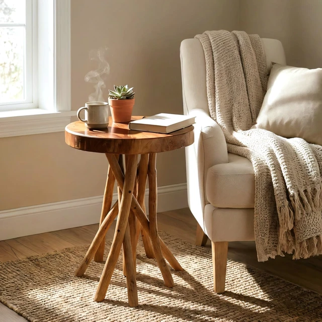 Alt view image 6 of 7 - Solid Teak End Table, Stick Leg Accent Table, 16" L x 16" W x 20" H | Solid teak tabletop and handcrafted stick legs create a unique accent table with natural beauty and lasting durability