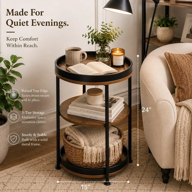 Alt view image 6 of 7 - Side Table, Round End Table with 3 Storage Shelves for Living Room, Bedroom, Nightstand with Steel Frame for Small Spaces, Industrial Round Sofa Table, Outdoor Accent Coffee Table, Rustic Brown