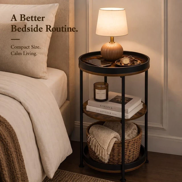 Alt view image 7 of 7 - Side Table, Round End Table with 3 Storage Shelves for Living Room, Bedroom, Nightstand with Steel Frame for Small Spaces, Industrial Round Sofa Table, Outdoor Accent Coffee Table, Rustic Brown