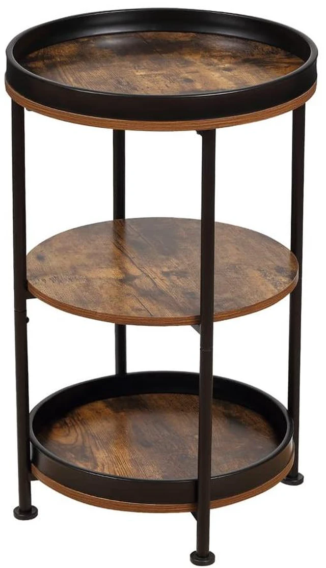 Alt view image 4 of 7 - Side Table, Round End Table with 3 Storage Shelves for Living Room, Bedroom, Nightstand with Steel Frame for Small Spaces, Industrial Round Sofa Table, Outdoor Accent Coffee Table, Rustic Brown