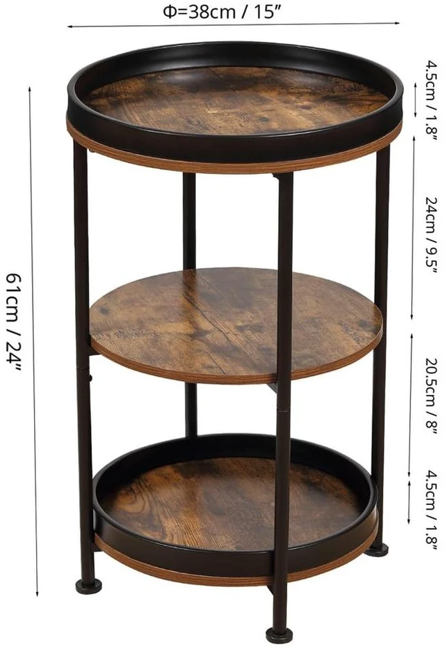 Alt view image 5 of 7 - Side Table, Round End Table with 3 Storage Shelves for Living Room, Bedroom, Nightstand with Steel Frame for Small Spaces, Industrial Round Sofa Table, Outdoor Accent Coffee Table, Rustic Brown