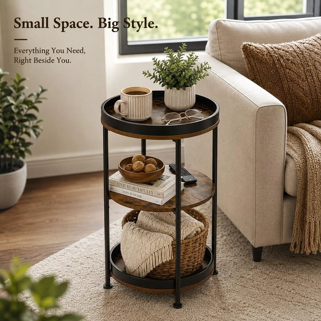 Alt view image 2 of 7 - Side Table, Round End Table with 3 Storage Shelves for Living Room, Bedroom, Nightstand with Steel Frame for Small Spaces, Industrial Round Sofa Table, Outdoor Accent Coffee Table, Rustic Brown