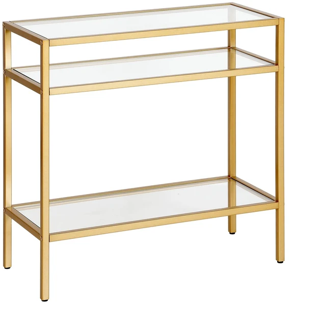 Main image of 24" Side Table, Nightstand, End Table, Gold | Three-tiered glass shelves with a metal frame, offering modern glam open display in living rooms, offices, or entryways