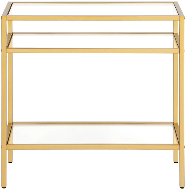 Alt view image 3 of 5 - 24" Side Table, Nightstand, End Table, Gold | Three-tiered glass shelves with a metal frame, offering modern glam open display in living rooms, offices, or entryways