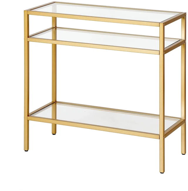 Alt view image 4 of 5 - 24" Side Table, Nightstand, End Table, Gold | Three-tiered glass shelves with a metal frame, offering modern glam open display in living rooms, offices, or entryways