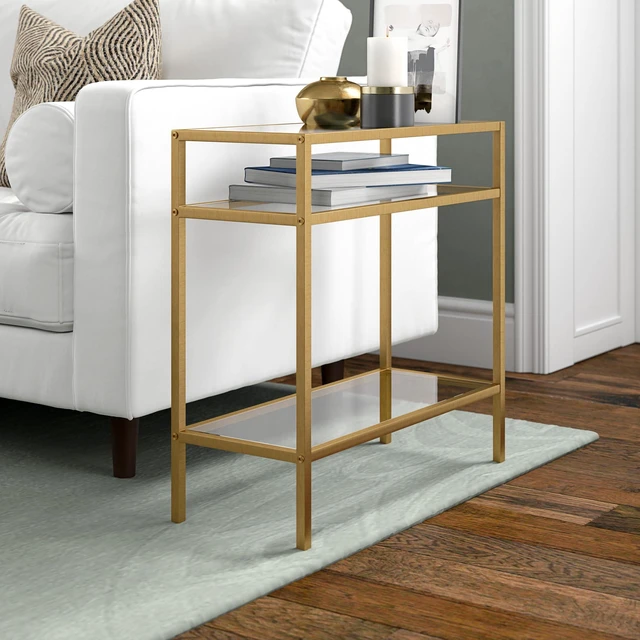 Alt view image 2 of 5 - 24" Side Table, Nightstand, End Table, Gold | Three-tiered glass shelves with a metal frame, offering modern glam open display in living rooms, offices, or entryways