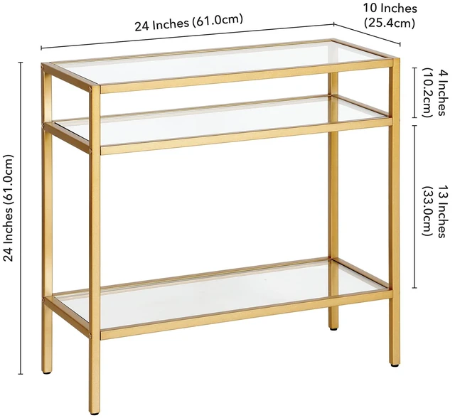 Alt view image 5 of 5 - 24" Side Table, Nightstand, End Table, Gold | Three-tiered glass shelves with a metal frame, offering modern glam open display in living rooms, offices, or entryways