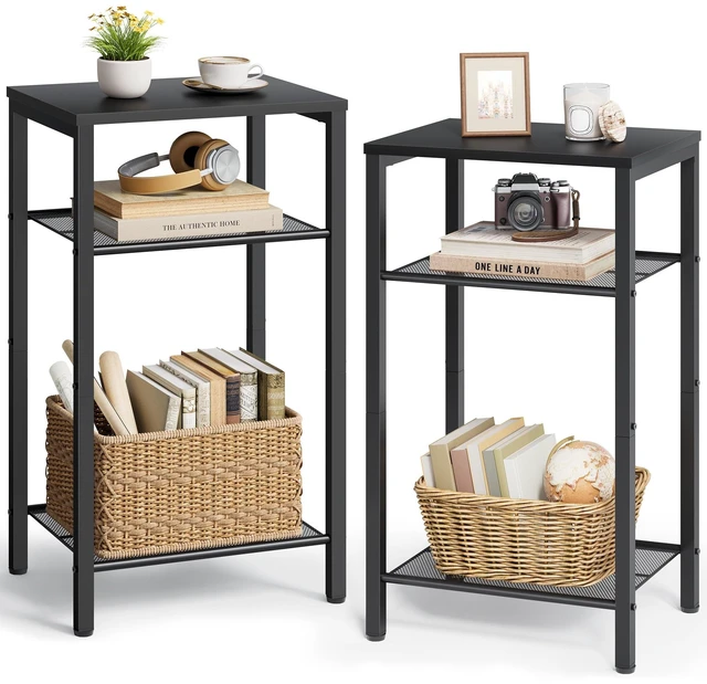 Main image of 2-Set 3 Tier End Table, Telephone Table Set of 2, Tall Side Table with Storage Set of 2, Small Nightstand for Small Spaces, Metal Frame, for Living Room, Bedroom, Sofa Couch, Black