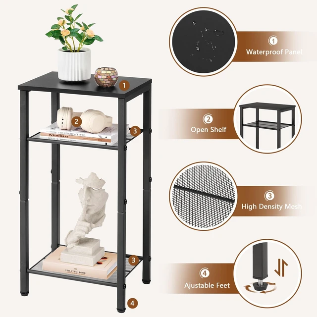 Alt view image 2 of 7 - 2-Set 3 Tier End Table, Telephone Table Set of 2, Tall Side Table with Storage Set of 2, Small Nightstand for Small Spaces, Metal Frame, for Living Room, Bedroom, Sofa Couch, Black