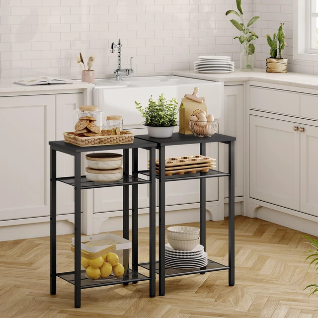 Alt view image 5 of 7 - 2-Set 3 Tier End Table, Telephone Table Set of 2, Tall Side Table with Storage Set of 2, Small Nightstand for Small Spaces, Metal Frame, for Living Room, Bedroom, Sofa Couch, Black