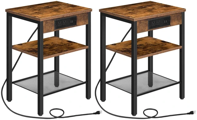 Main image of Side Tables with Charging Station, Small End Tables for Small Space | Set of 2, 3-Tier Nightstands with Adjustable Shelf, for Living Room, Bedroom, Home Office, Rustic Brown and Black