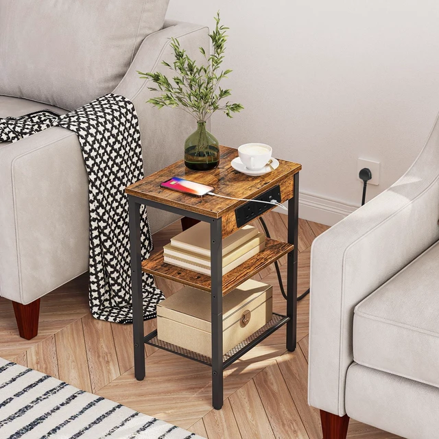 Alt view image 6 of 7 - Side Tables with Charging Station, Small End Tables for Small Space | Set of 2, 3-Tier Nightstands with Adjustable Shelf, for Living Room, Bedroom, Home Office, Rustic Brown and Black