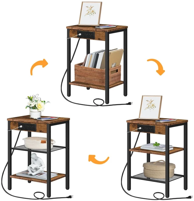 Alt view image 7 of 7 - Side Tables with Charging Station, Small End Tables for Small Space | Set of 2, 3-Tier Nightstands with Adjustable Shelf, for Living Room, Bedroom, Home Office, Rustic Brown and Black