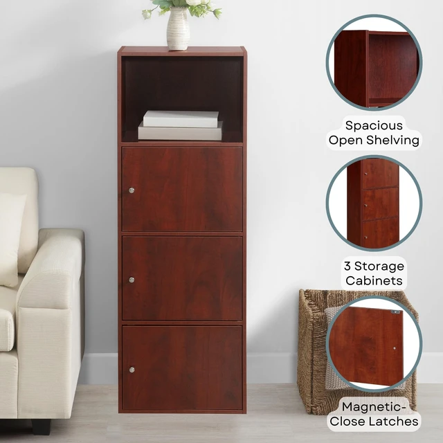 Alt view image 4 of 5 - Xtra Storage 3-Door Cabinet, Cherry, 16.5" | Storage Organizer for Books and Décor in Living Room, Bedroom, Bathroom or Office, for Compact Design and Flexible Placement