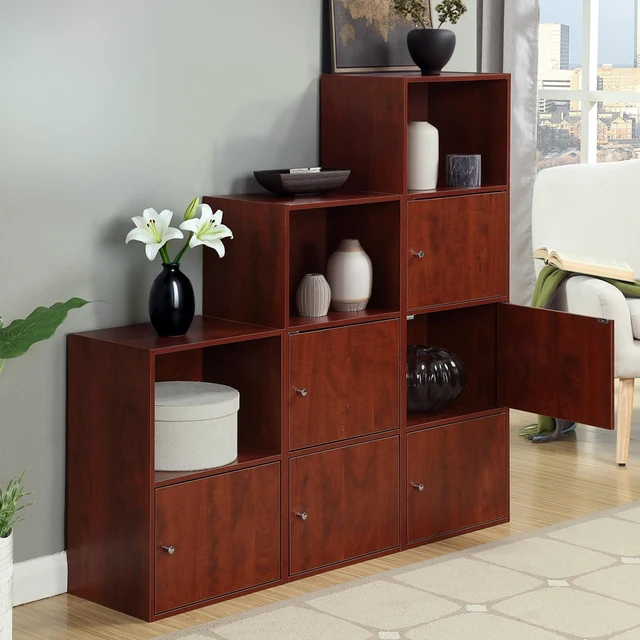 Alt view image 5 of 5 - Xtra Storage 3-Door Cabinet, Cherry, 16.5" | Storage Organizer for Books and Décor in Living Room, Bedroom, Bathroom or Office, for Compact Design and Flexible Placement