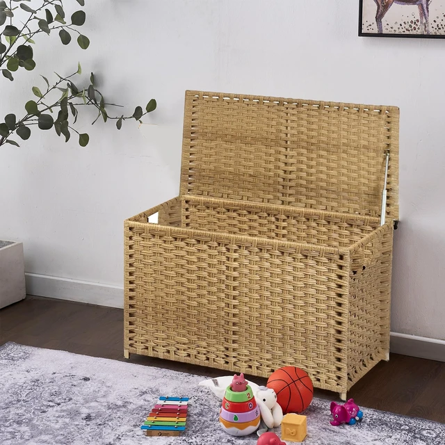 Alt view image 2 of 7 - Wicker Storage Trunk, Large Storage Basket with Lid,Rural Natural | Handwoven Wicker Chest with Stay-Open Lid, 30 x 17 x 18 in, 160L42.3 GallonMetal Frame, Easy to Assemble, Supports 200lb