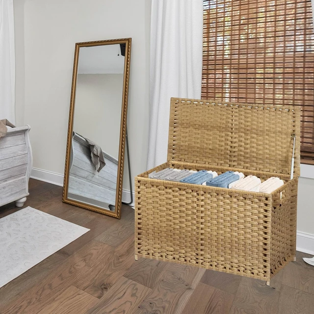 Alt view image 5 of 7 - Wicker Storage Trunk, Large Storage Basket with Lid,Rural Natural | Handwoven Wicker Chest with Stay-Open Lid, 30 x 17 x 18 in, 160L42.3 GallonMetal Frame, Easy to Assemble, Supports 200lb