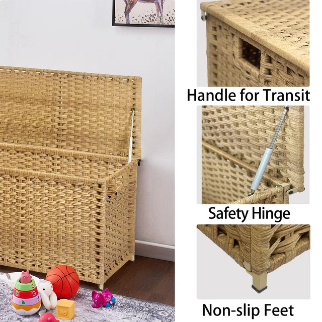 Alt view image 6 of 7 - Wicker Storage Trunk, Large Storage Basket with Lid,Rural Natural | Handwoven Wicker Chest with Stay-Open Lid, 30 x 17 x 18 in, 160L42.3 GallonMetal Frame, Easy to Assemble, Supports 200lb