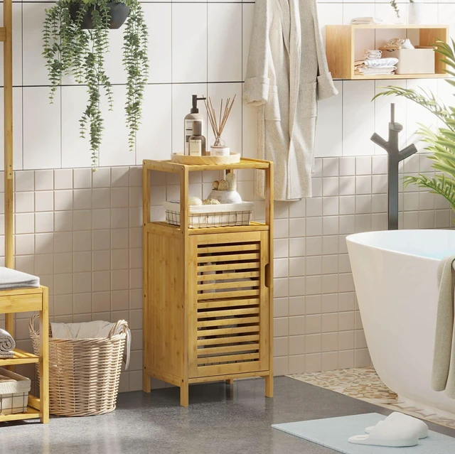 Alt view image 2 of 7 - Bamboo Cabinet, Bathroom Storage Cabinet with Single Door and Shelf, Freestanding Bathroom Cabinet, Kitchen Cupboard, Sofa Side Table for Living Room/Hallway/Kitchen