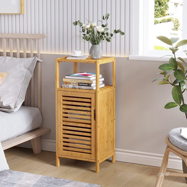 Alt view image 3 of 7 - Bamboo Cabinet, Bathroom Storage Cabinet with Single Door and Shelf, Freestanding Bathroom Cabinet, Kitchen Cupboard, Sofa Side Table for Living Room/Hallway/Kitchen