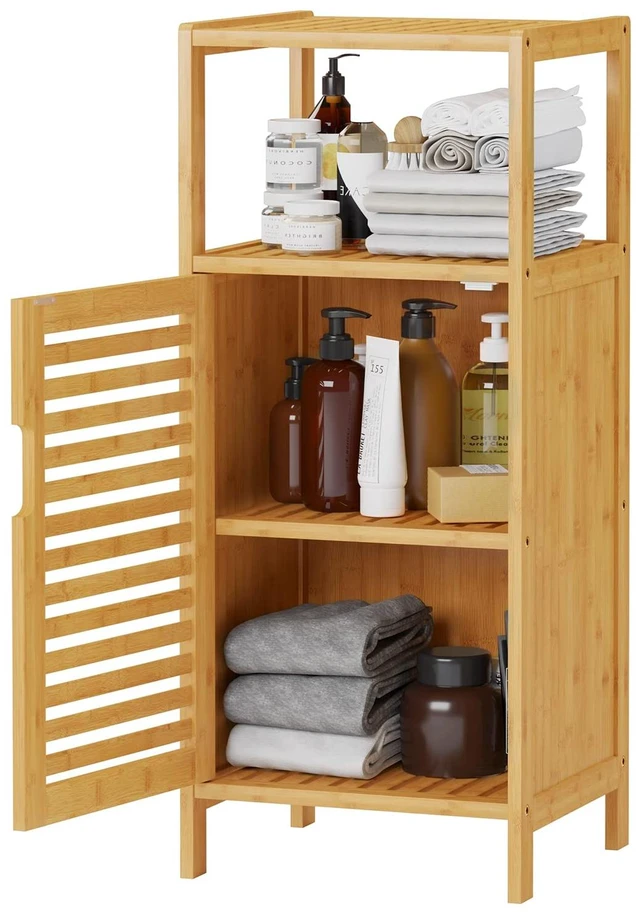 Alt view image 5 of 7 - Bamboo Cabinet, Bathroom Storage Cabinet with Single Door and Shelf, Freestanding Bathroom Cabinet, Kitchen Cupboard, Sofa Side Table for Living Room/Hallway/Kitchen