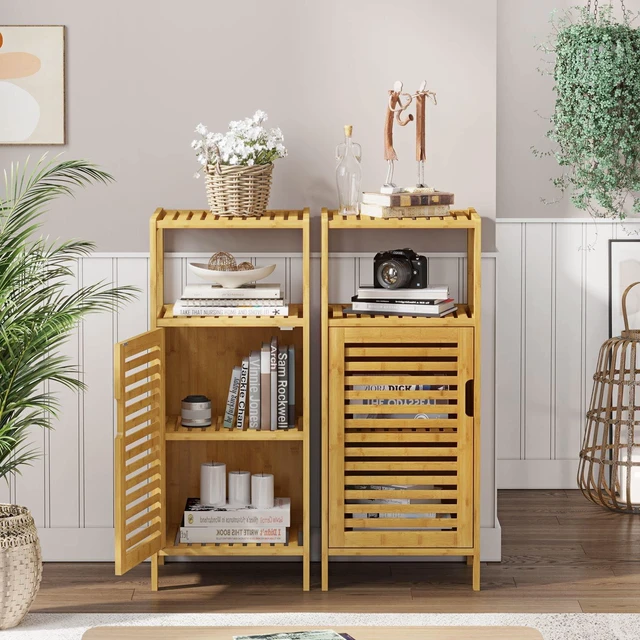 Alt view image 6 of 7 - Bamboo Cabinet, Bathroom Storage Cabinet with Single Door and Shelf, Freestanding Bathroom Cabinet, Kitchen Cupboard, Sofa Side Table for Living Room/Hallway/Kitchen