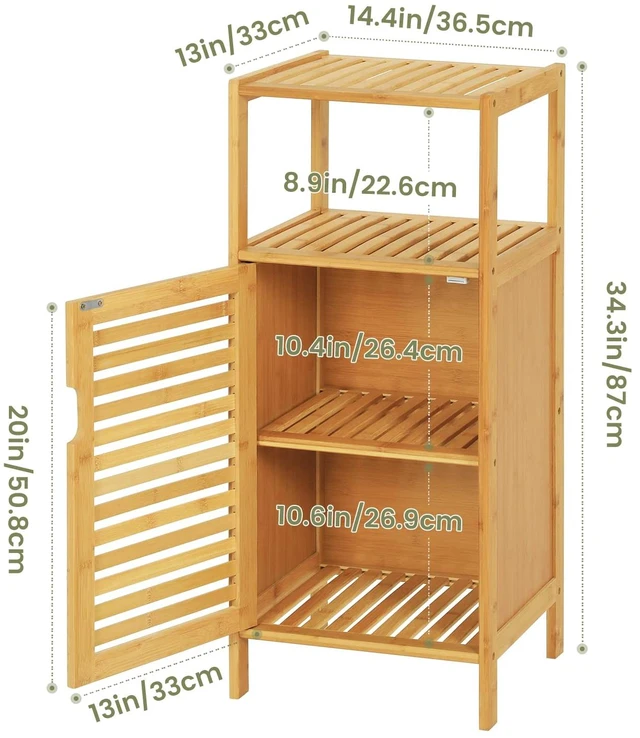 Alt view image 4 of 7 - Bamboo Cabinet, Bathroom Storage Cabinet with Single Door and Shelf, Freestanding Bathroom Cabinet, Kitchen Cupboard, Sofa Side Table for Living Room/Hallway/Kitchen