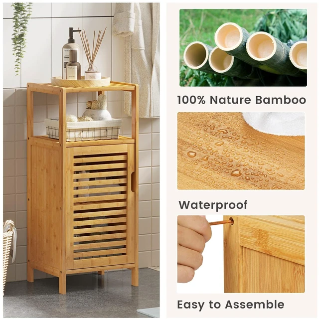 Alt view image 7 of 7 - Bamboo Cabinet, Bathroom Storage Cabinet with Single Door and Shelf, Freestanding Bathroom Cabinet, Kitchen Cupboard, Sofa Side Table for Living Room/Hallway/Kitchen