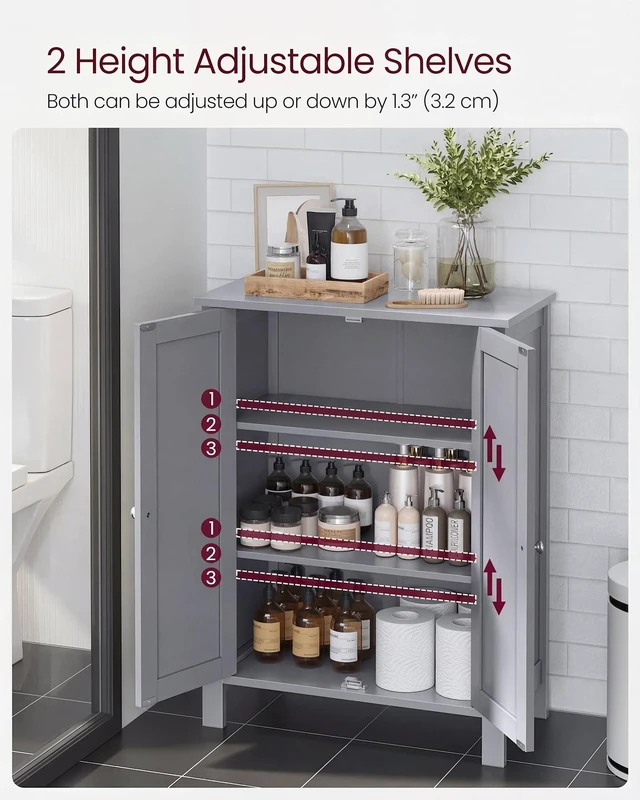 Alt view image 3 of 5 - Bathroom Floor Storage Cabinet,2 Adjustable Shelves,Dove Gray | Bathroom Storage Unit, 23.6"L x 11.8"W x 31.5"H, HELAN Collection UBCB060P36