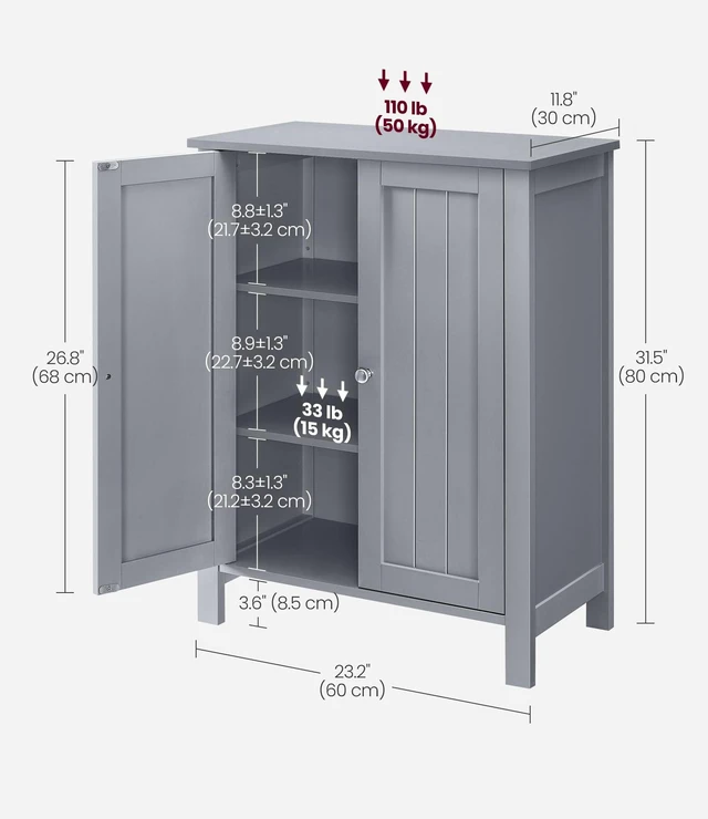 Alt view image 2 of 5 - Bathroom Floor Storage Cabinet,2 Adjustable Shelves,Dove Gray | Bathroom Storage Unit, 23.6"L x 11.8"W x 31.5"H, HELAN Collection UBCB060P36