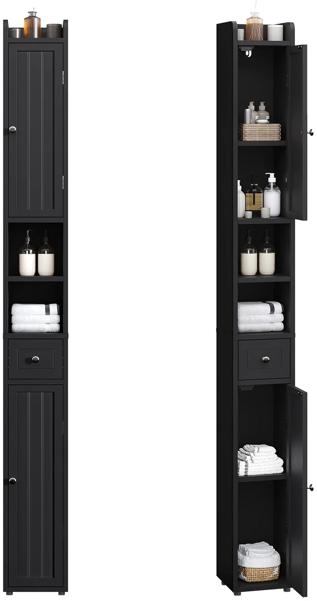 Main image of Narrow Bathroom Storage Cabinet with Adjustable Shelves and Drawer | Tall Slim Storage Cabinet, Freestanding Cupboard for Small Spaces, Black