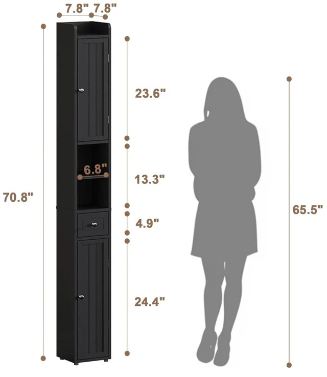 Alt view image 2 of 7 - Narrow Bathroom Storage Cabinet with Adjustable Shelves and Drawer | Tall Slim Storage Cabinet, Freestanding Cupboard for Small Spaces, Black