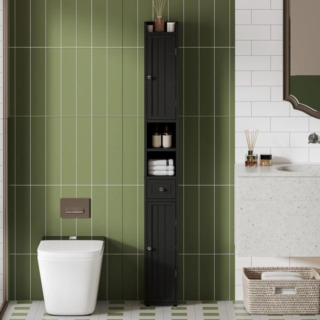 Alt view image 3 of 7 - Narrow Bathroom Storage Cabinet with Adjustable Shelves and Drawer | Tall Slim Storage Cabinet, Freestanding Cupboard for Small Spaces, Black