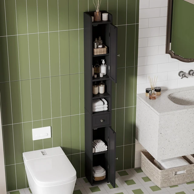 Alt view image 4 of 7 - Narrow Bathroom Storage Cabinet with Adjustable Shelves and Drawer | Tall Slim Storage Cabinet, Freestanding Cupboard for Small Spaces, Black