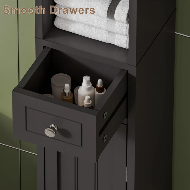 Alt view image 6 of 7 - Narrow Bathroom Storage Cabinet with Adjustable Shelves and Drawer | Tall Slim Storage Cabinet, Freestanding Cupboard for Small Spaces, Black
