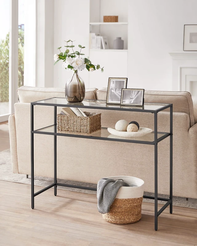 Alt view image 2 of 7 - 39.4 Inchs Console Sofa Table, Tempered Glass, 2 Shelves | Modern Entryway Table, Metal Frame, Adjustable Feet, for Living Room, Hallway, Black Color, BARIS Collection, ULGT025B01