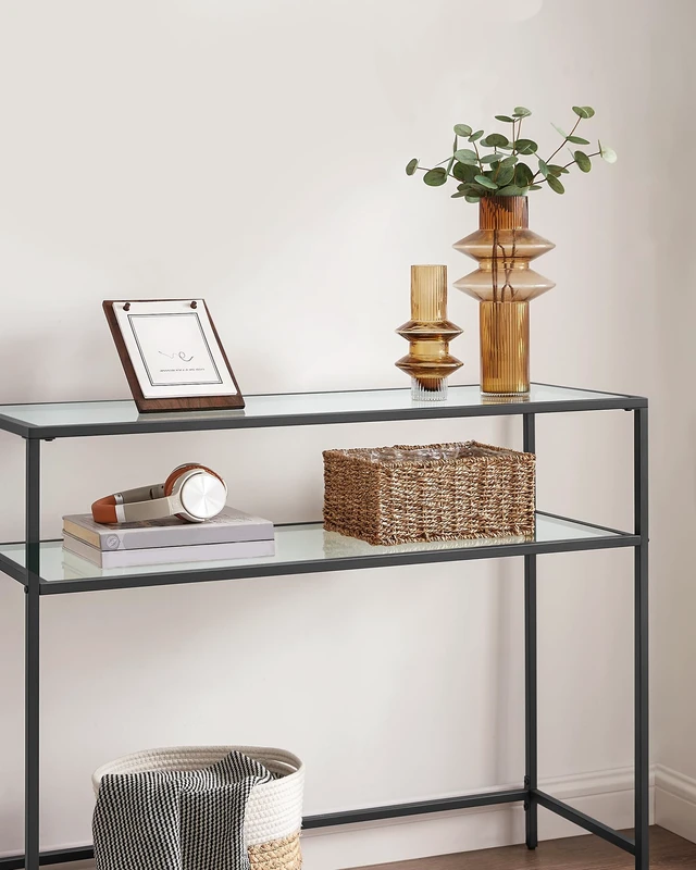 Alt view image 3 of 7 - 39.4 Inchs Console Sofa Table, Tempered Glass, 2 Shelves | Modern Entryway Table, Metal Frame, Adjustable Feet, for Living Room, Hallway, Black Color, BARIS Collection, ULGT025B01