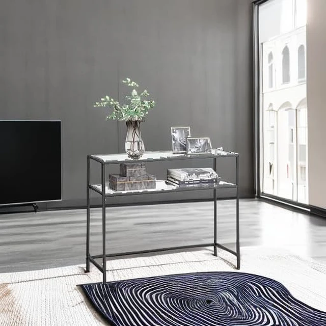 Alt view image 4 of 7 - 39.4 Inchs Console Sofa Table, Tempered Glass, 2 Shelves | Modern Entryway Table, Metal Frame, Adjustable Feet, for Living Room, Hallway, Black Color, BARIS Collection, ULGT025B01