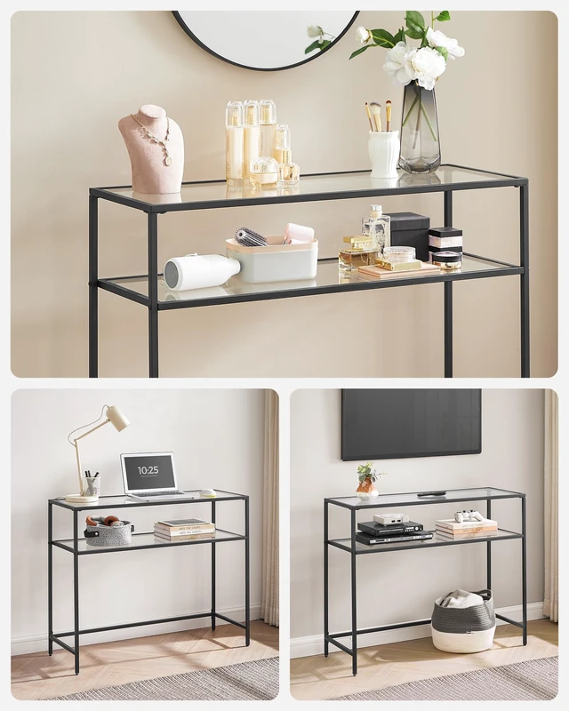 Alt view image 7 of 7 - 39.4 Inchs Console Sofa Table, Tempered Glass, 2 Shelves | Modern Entryway Table, Metal Frame, Adjustable Feet, for Living Room, Hallway, Black Color, BARIS Collection, ULGT025B01