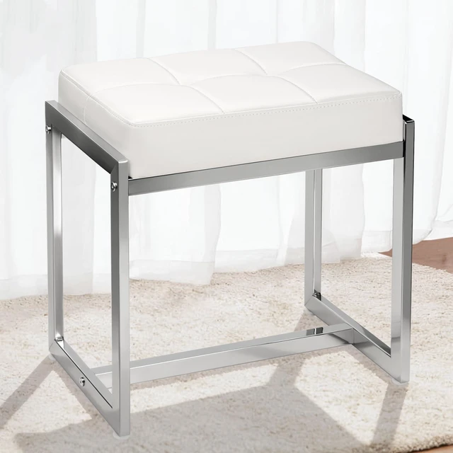Main image of Vanity Stool Chair, Modern PU Leather Ottoman Foot Rest White&Silver | Makeup Stool for Vanity Bench with Silver Metal Legs, Multifunctional Chairs for Bedroom, Living Room, Small Vanity Stools