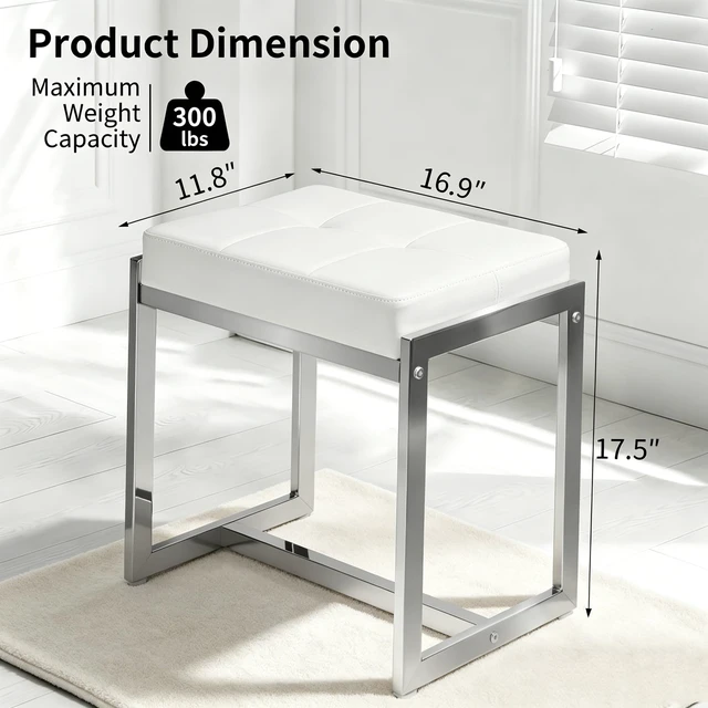 Alt view image 2 of 7 - Vanity Stool Chair, Modern PU Leather Ottoman Foot Rest White&Silver | Makeup Stool for Vanity Bench with Silver Metal Legs, Multifunctional Chairs for Bedroom, Living Room, Small Vanity Stools