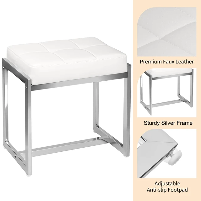 Alt view image 3 of 7 - Vanity Stool Chair, Modern PU Leather Ottoman Foot Rest White&Silver | Makeup Stool for Vanity Bench with Silver Metal Legs, Multifunctional Chairs for Bedroom, Living Room, Small Vanity Stools