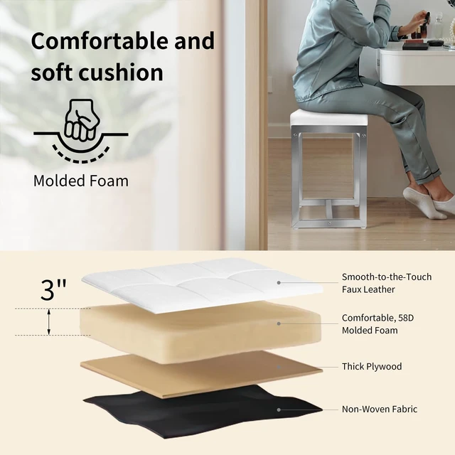 Alt view image 4 of 7 - Vanity Stool Chair, Modern PU Leather Ottoman Foot Rest White&Silver | Makeup Stool for Vanity Bench with Silver Metal Legs, Multifunctional Chairs for Bedroom, Living Room, Small Vanity Stools