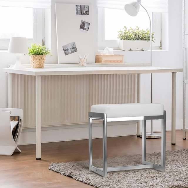 Alt view image 5 of 7 - Vanity Stool Chair, Modern PU Leather Ottoman Foot Rest White&Silver | Makeup Stool for Vanity Bench with Silver Metal Legs, Multifunctional Chairs for Bedroom, Living Room, Small Vanity Stools