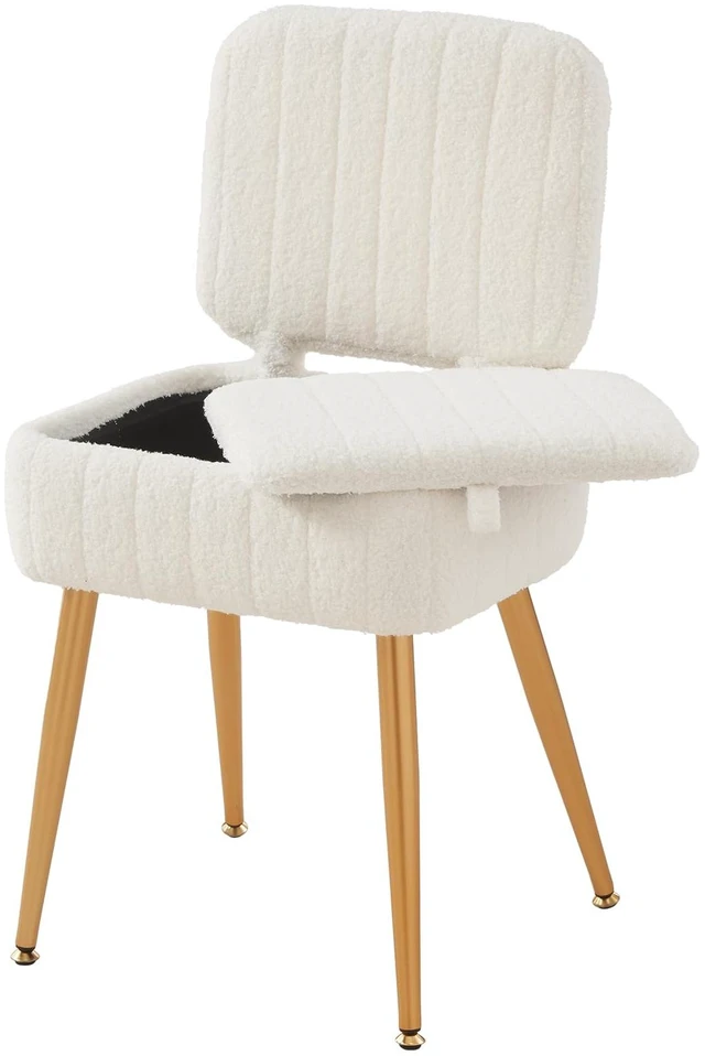 Main image of Vanity Chair with Storage Stool with Folding Back Makeup Chair | Ottoman Seat Teddy Velvet for Dressing Room Living Room Bedroom, 16" x 12.5" ,White