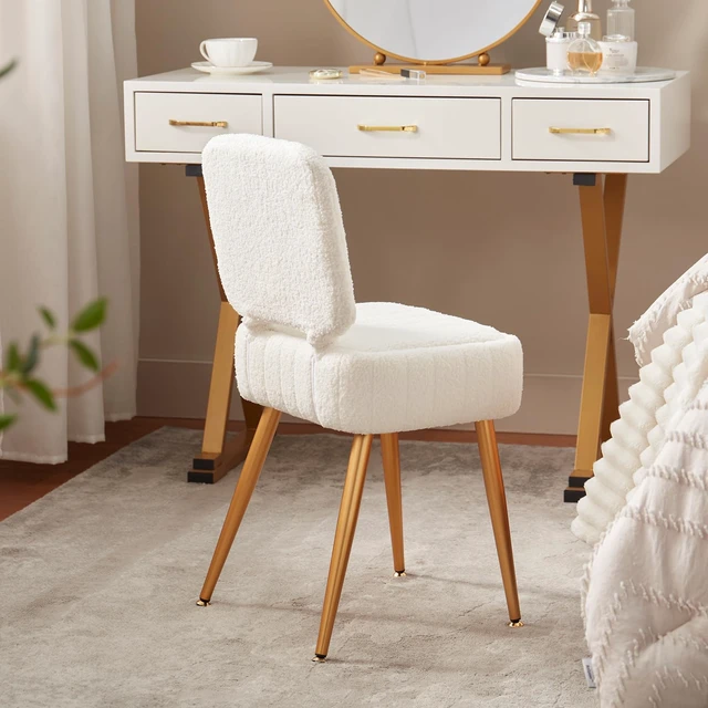 Alt view image 4 of 7 - Vanity Chair with Storage Stool with Folding Back Makeup Chair | Ottoman Seat Teddy Velvet for Dressing Room Living Room Bedroom, 16" x 12.5" ,White